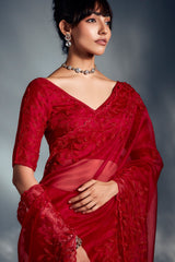 Red Tissue Organza Saree with Sequin and Embroidery Work