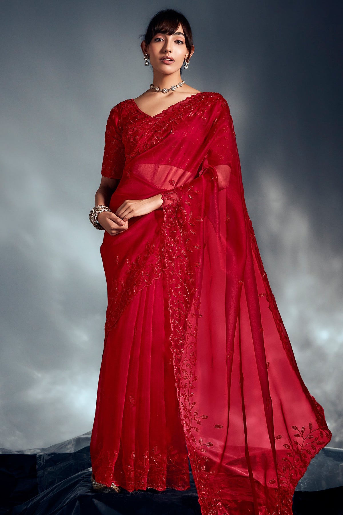 Red Tissue Organza Saree with Sequin and Embroidery Work