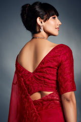 Red Tissue Organza Saree with Sequin and Embroidery Work