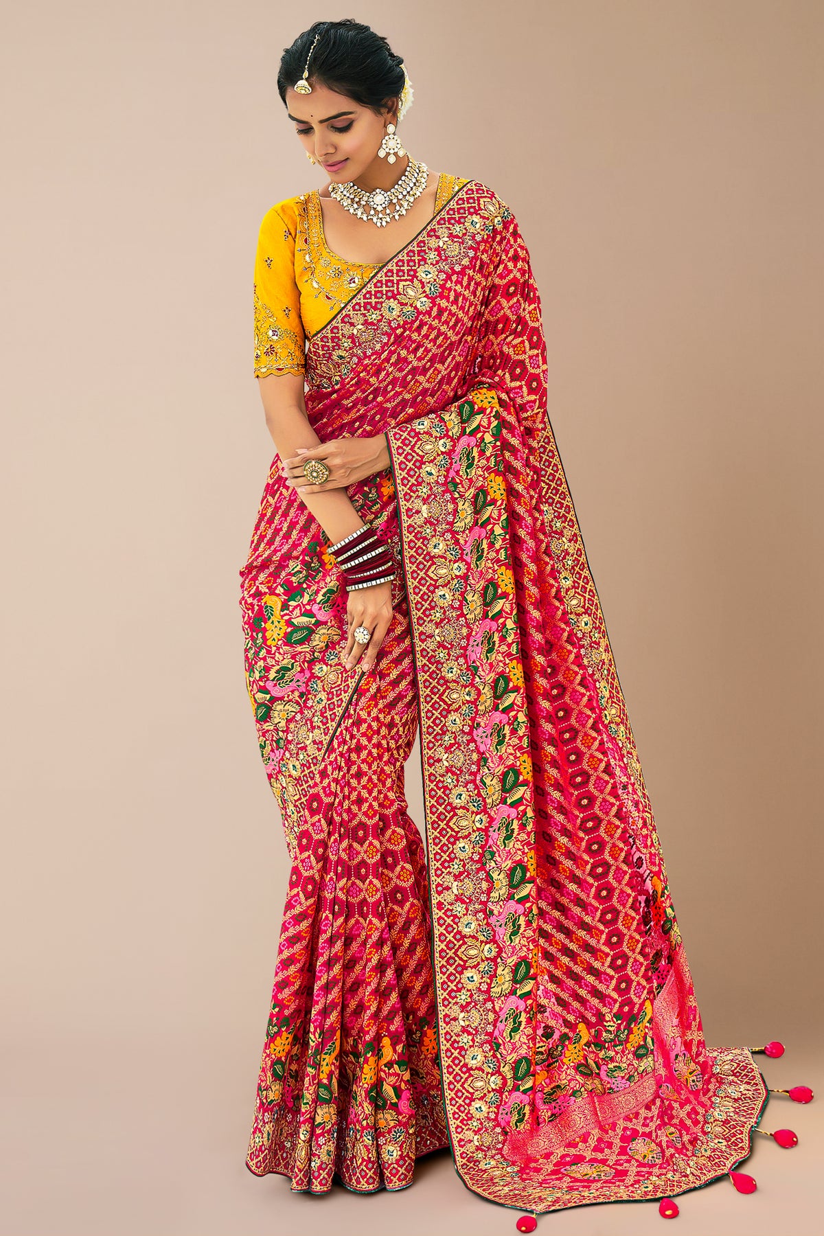 Pink Georgette Traditional Bandhej Saree with HandWork