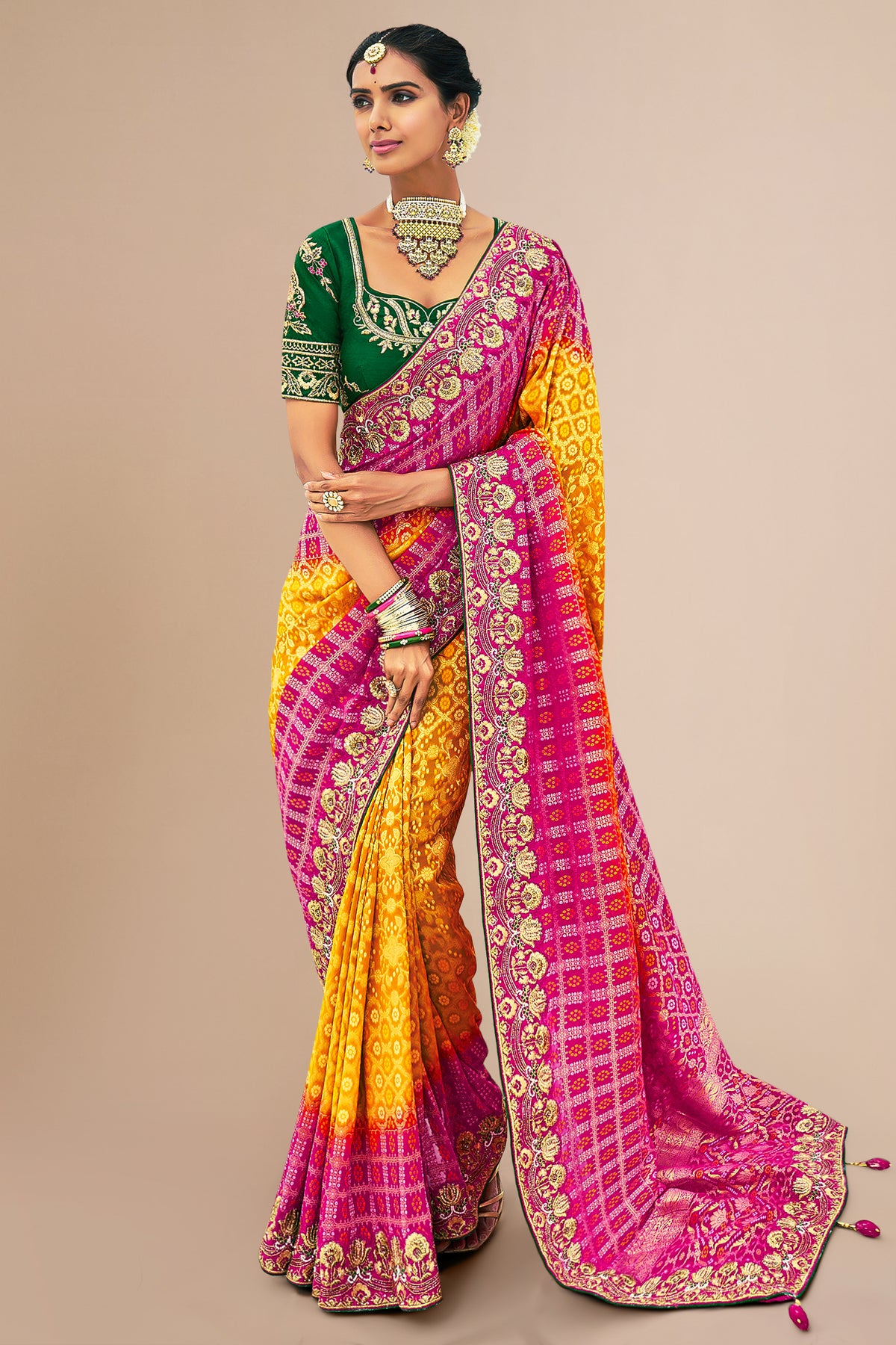 Yellow and Pink Georgette Traditional Bandhej Saree with HandWork