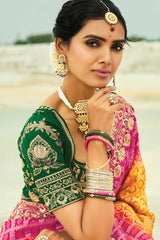 Yellow and Pink Georgette Traditional Bandhej Saree with HandWork