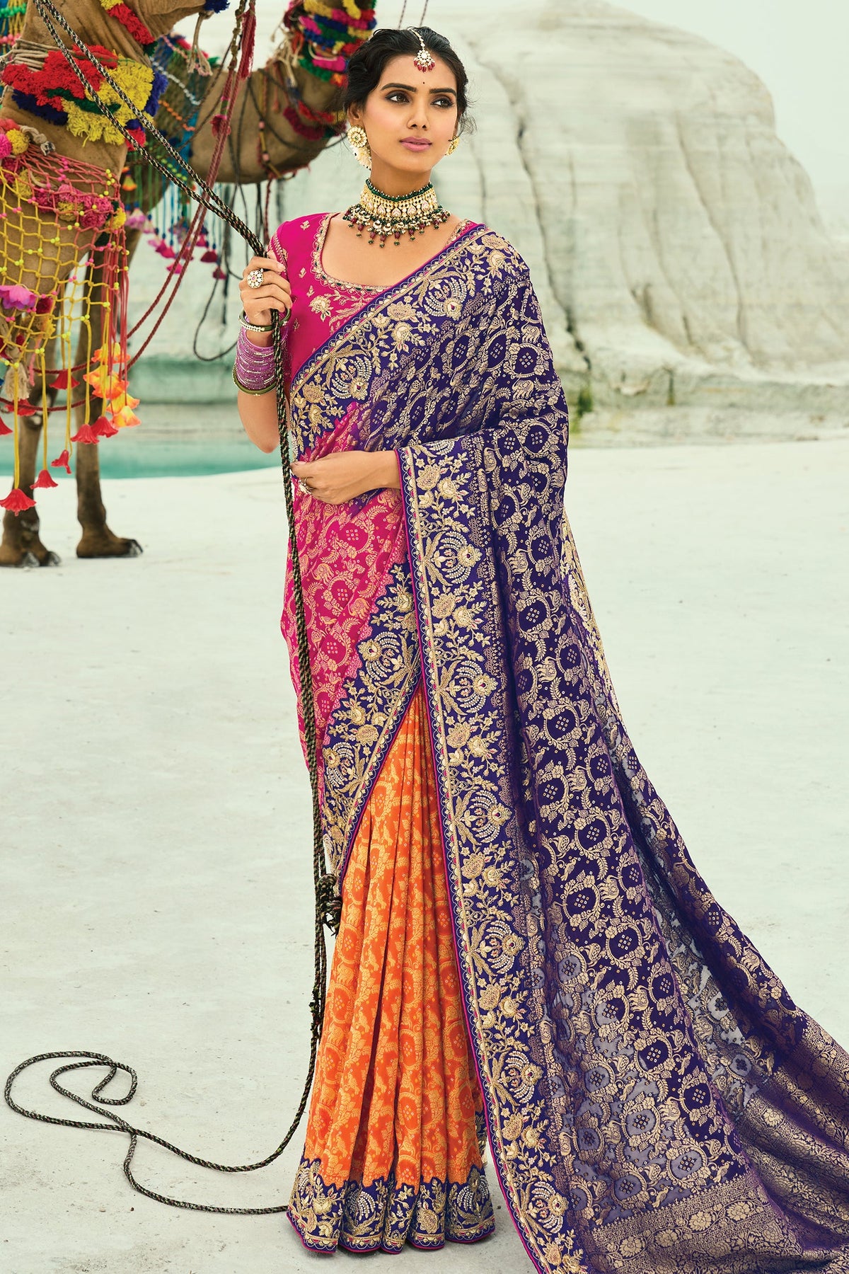 Multi Colored Georgette Traditional Bandhej Saree with HandWork
