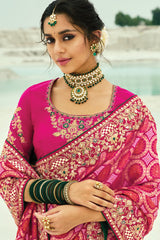 Pink Georgette Traditional Bandhej Saree with Cutdana and Bead Work