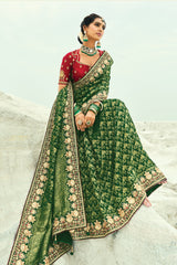 Dark Green Georgette Traditional Bandhej Saree with Cutdana and Bead Work