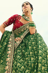 Dark Green Georgette Traditional Bandhej Saree with Cutdana and Bead Work