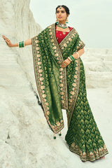 Dark Green Georgette Traditional Bandhej Saree with Cutdana and Bead Work