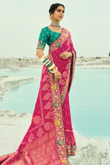 Pink Georgette Traditional Bandhej Saree with Cutdana and Bead Work