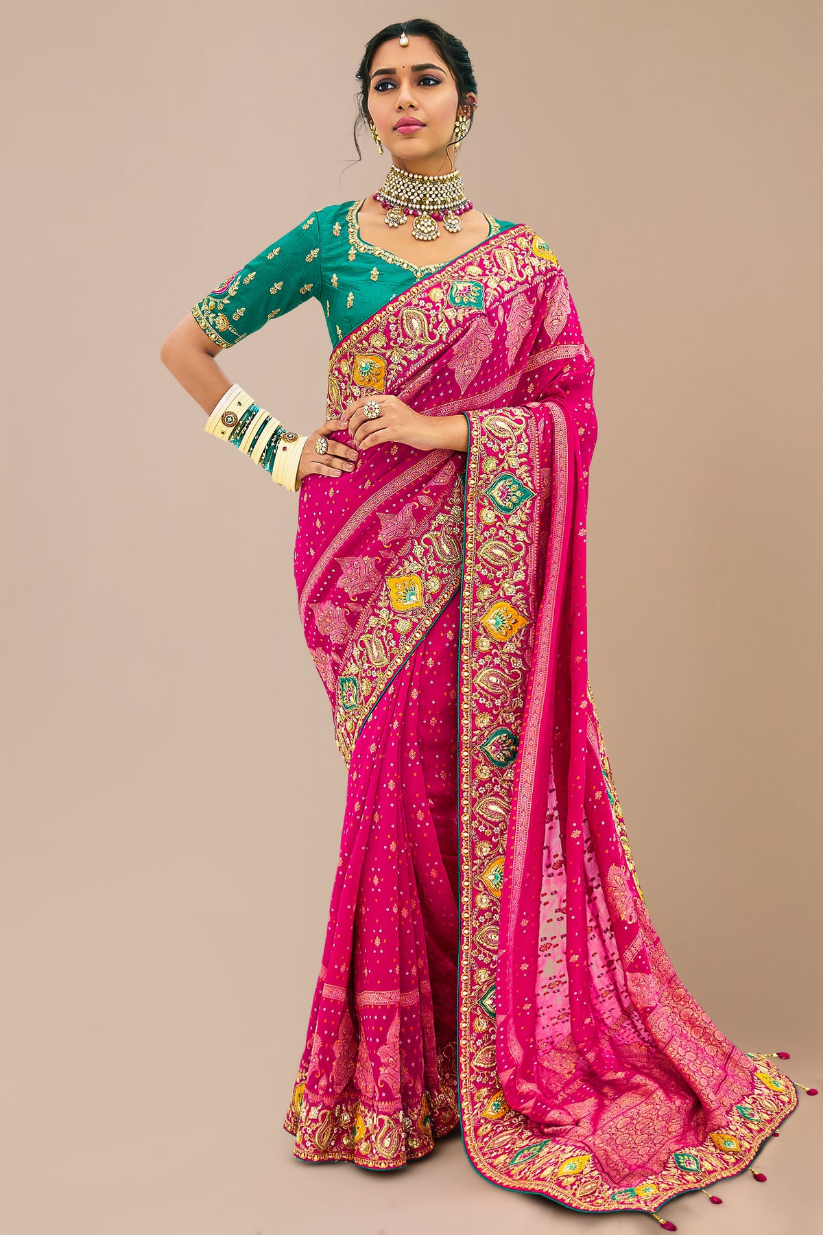 Pink Georgette Traditional Bandhej Saree with Cutdana and Bead Work