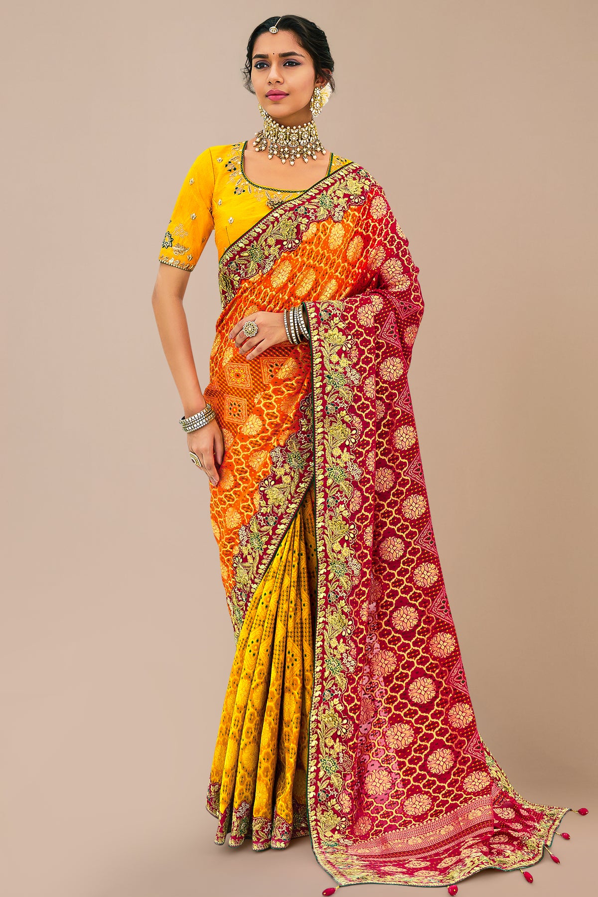 Multi Colored Georgette Traditional Bandhej Saree