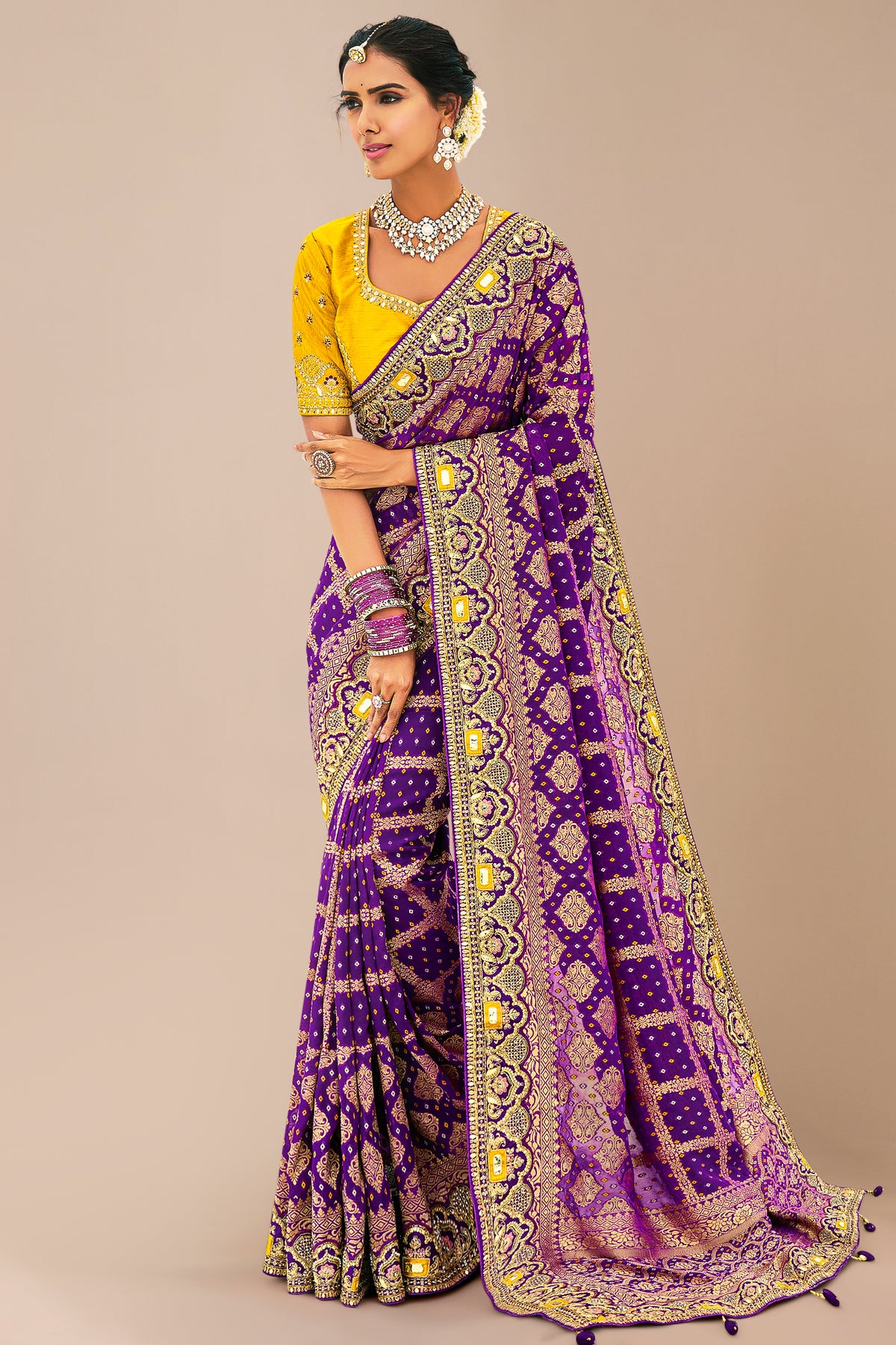 Purple Georgette Traditional Bandhej Saree