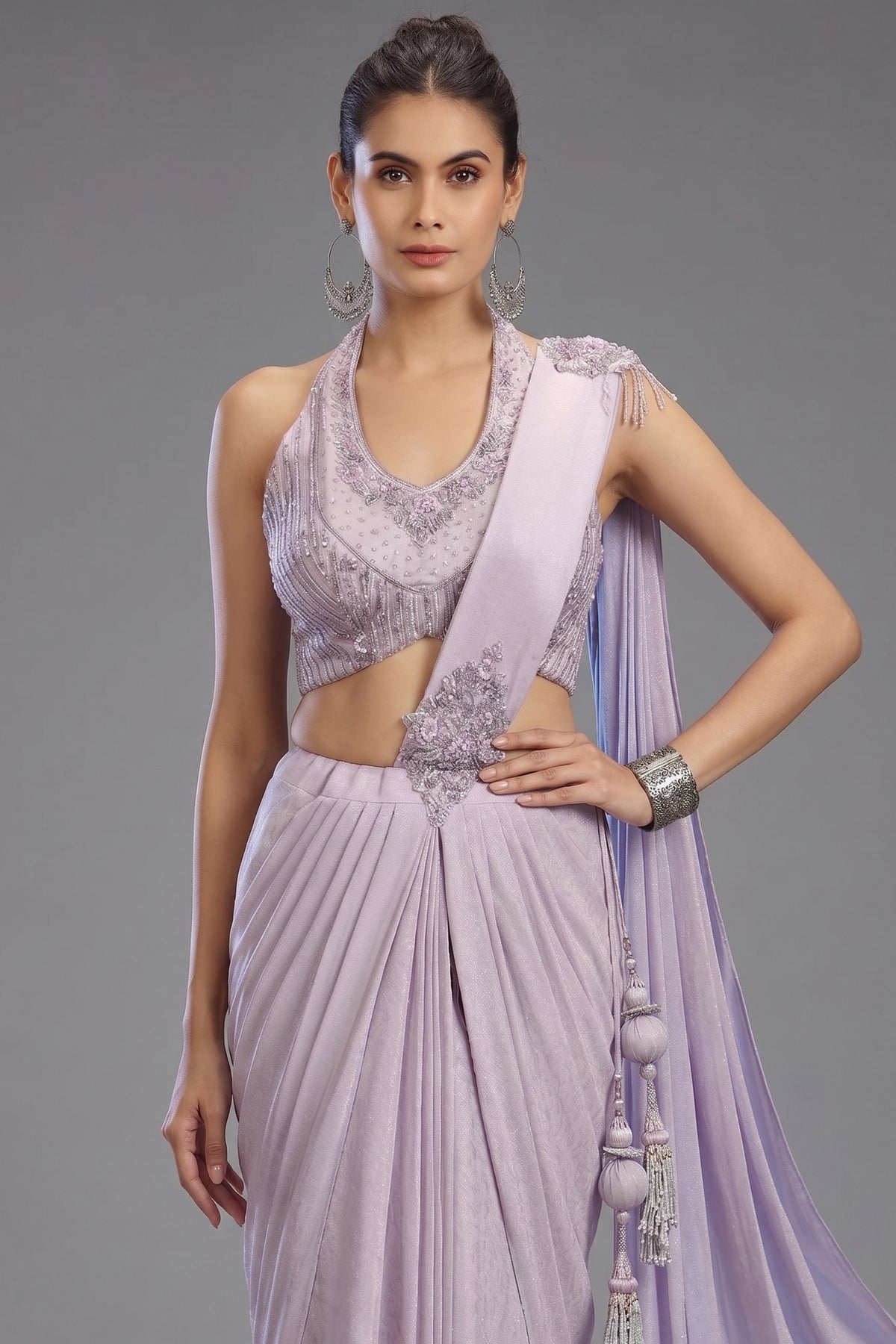 Lavender Imported Ready to Wear Saree with Sequin and Beaded Heltar Neck Blouse - lavender saree