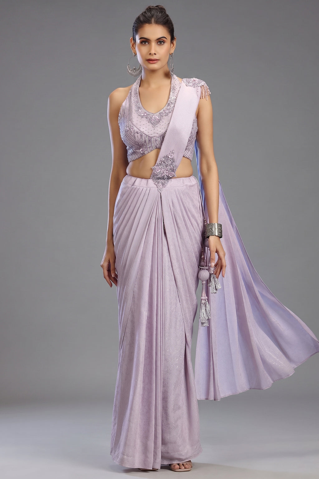 Lavender Imported Ready to Wear Saree with Sequin and Beaded Heltar Neck Blouse - lavender saree
