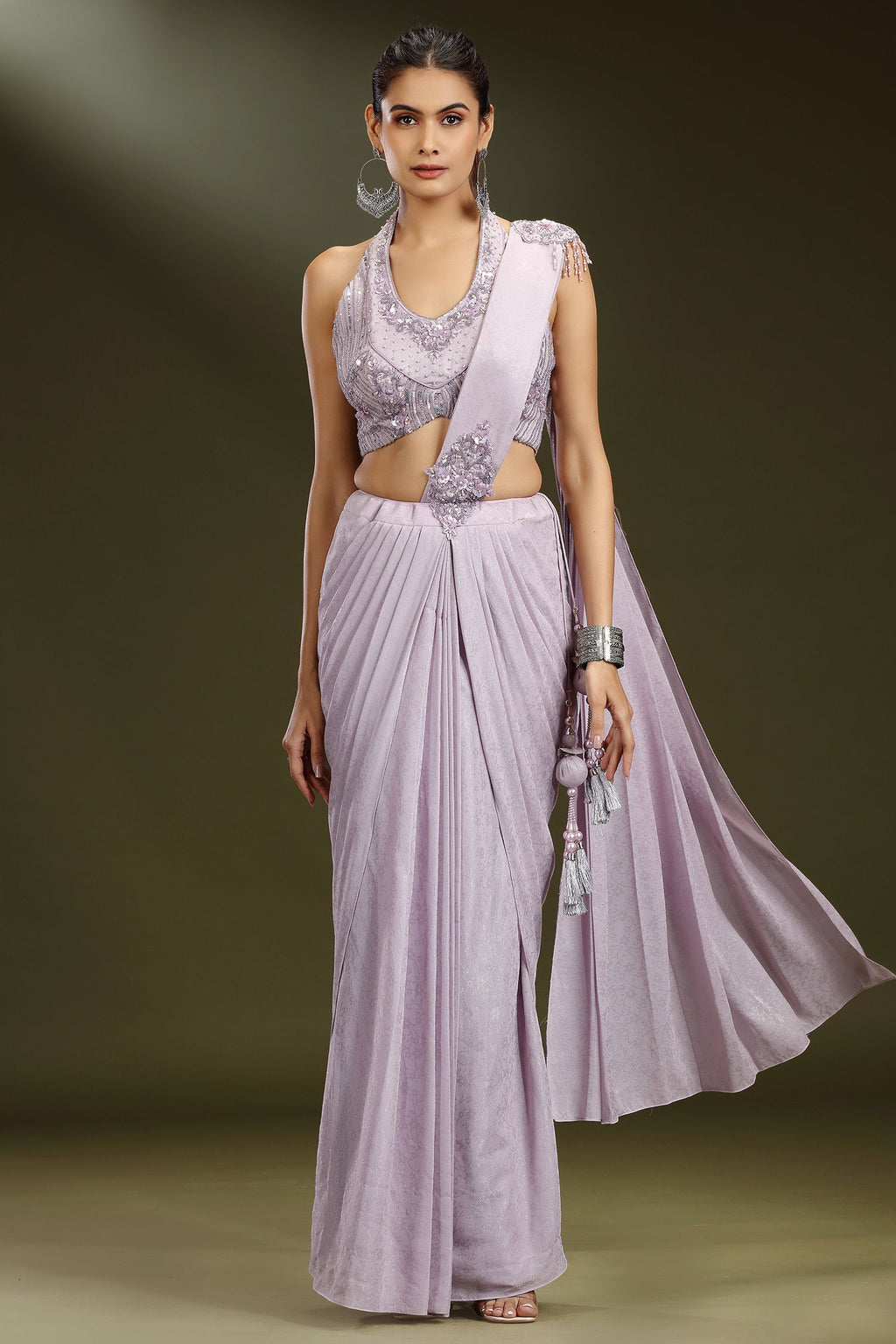 Lavender Imported Ready to Wear Saree with Sequin and Beaded Heltar Neck Blouse - lavender saree