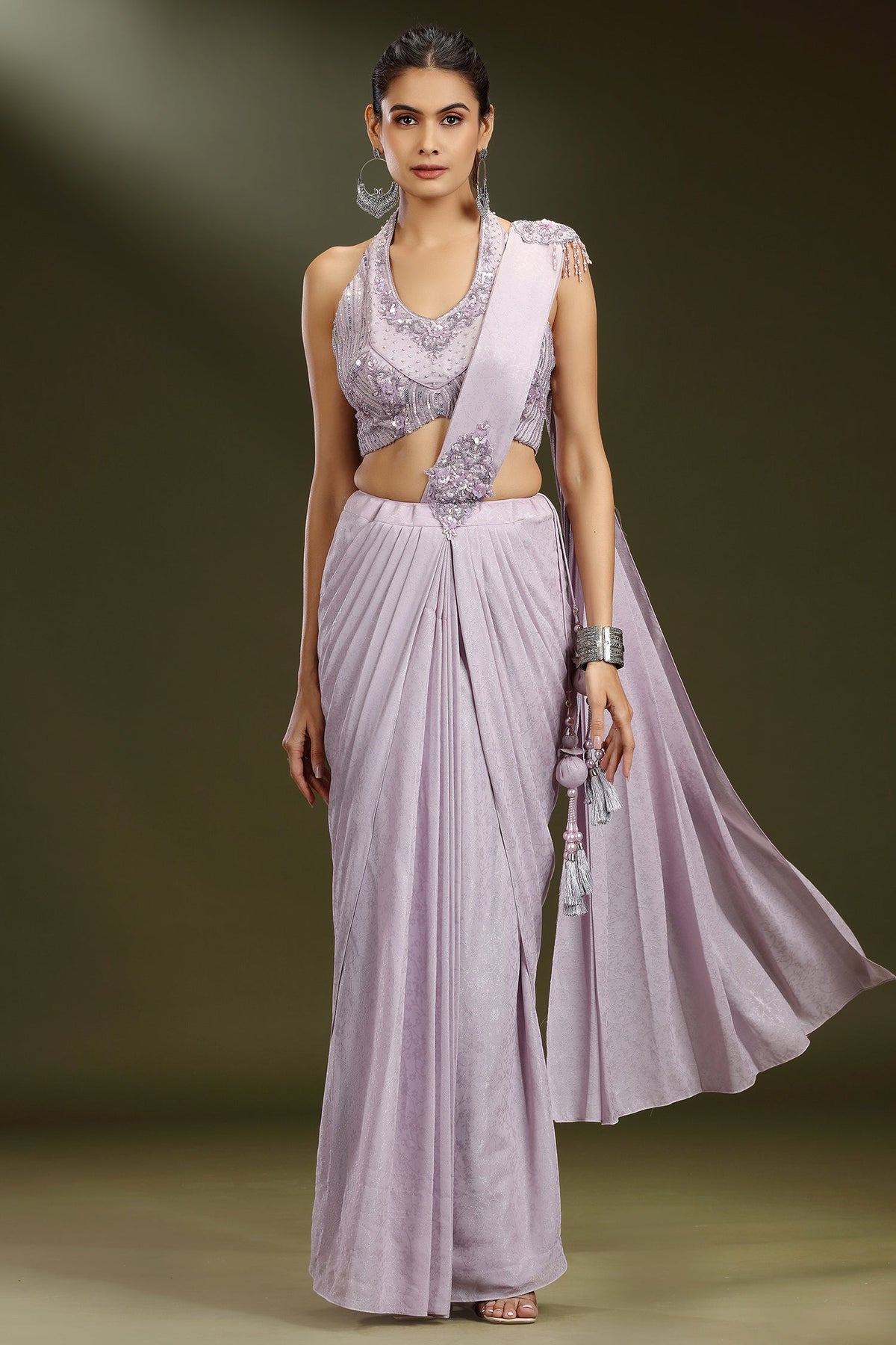 Lavender Imported Ready to Wear Saree with Sequin and Beaded Heltar Neck Blouse