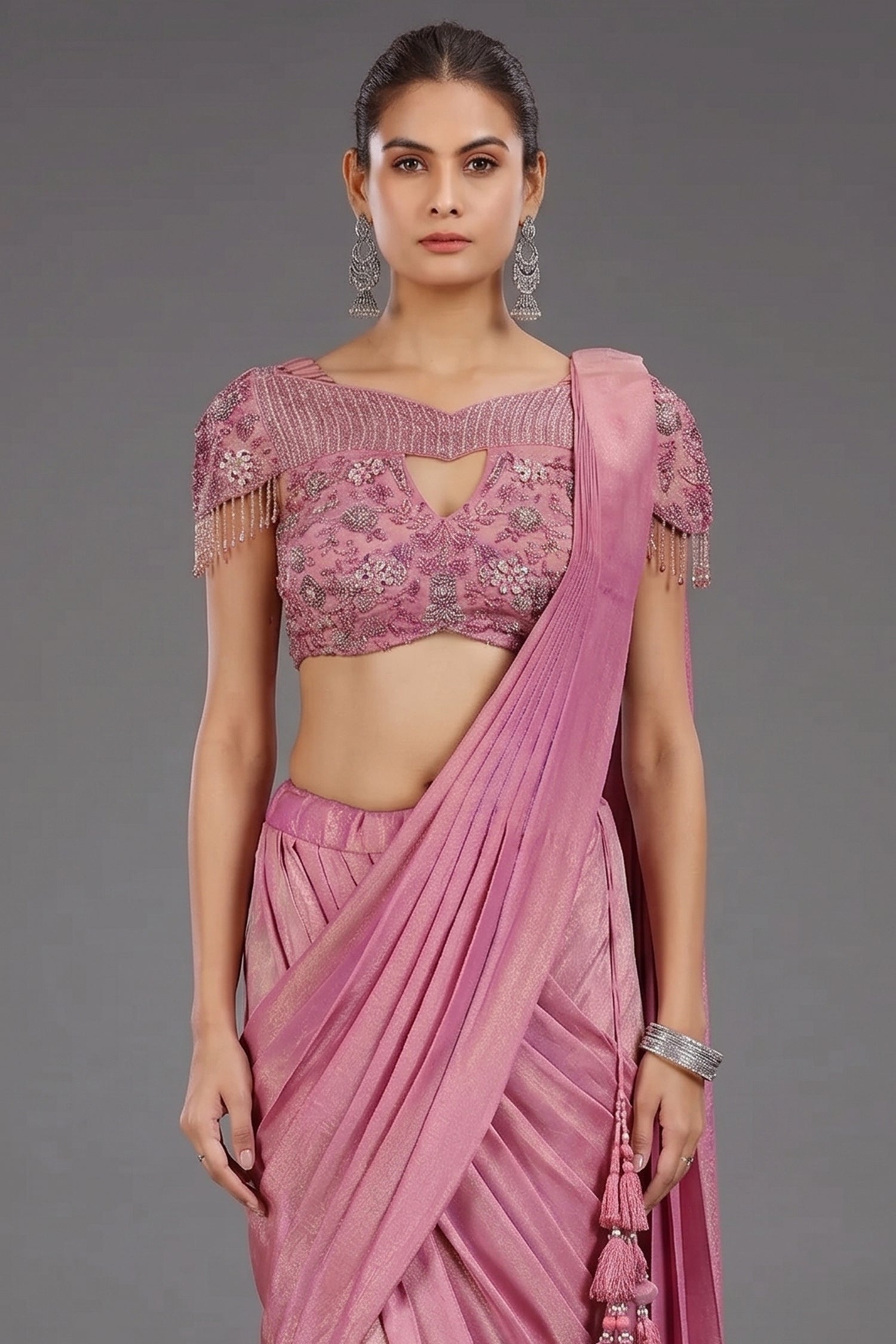 Onion Pink Tissue Shimmer Ready to Wear Saree Secondary image