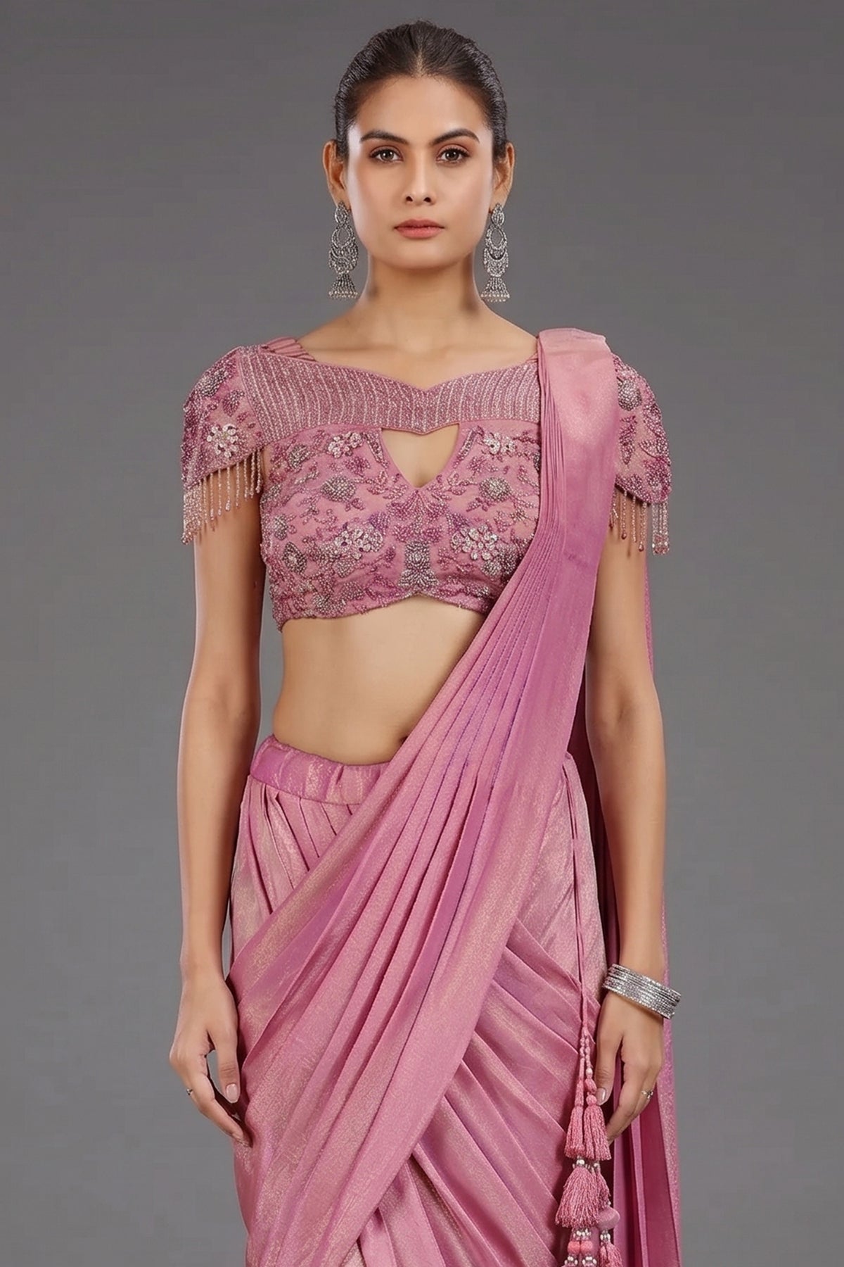 Onion Pink Tissue Shimmer Ready to Wear Saree - pink saree