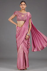 Onion Pink Tissue Shimmer Ready to Wear Saree - pink saree