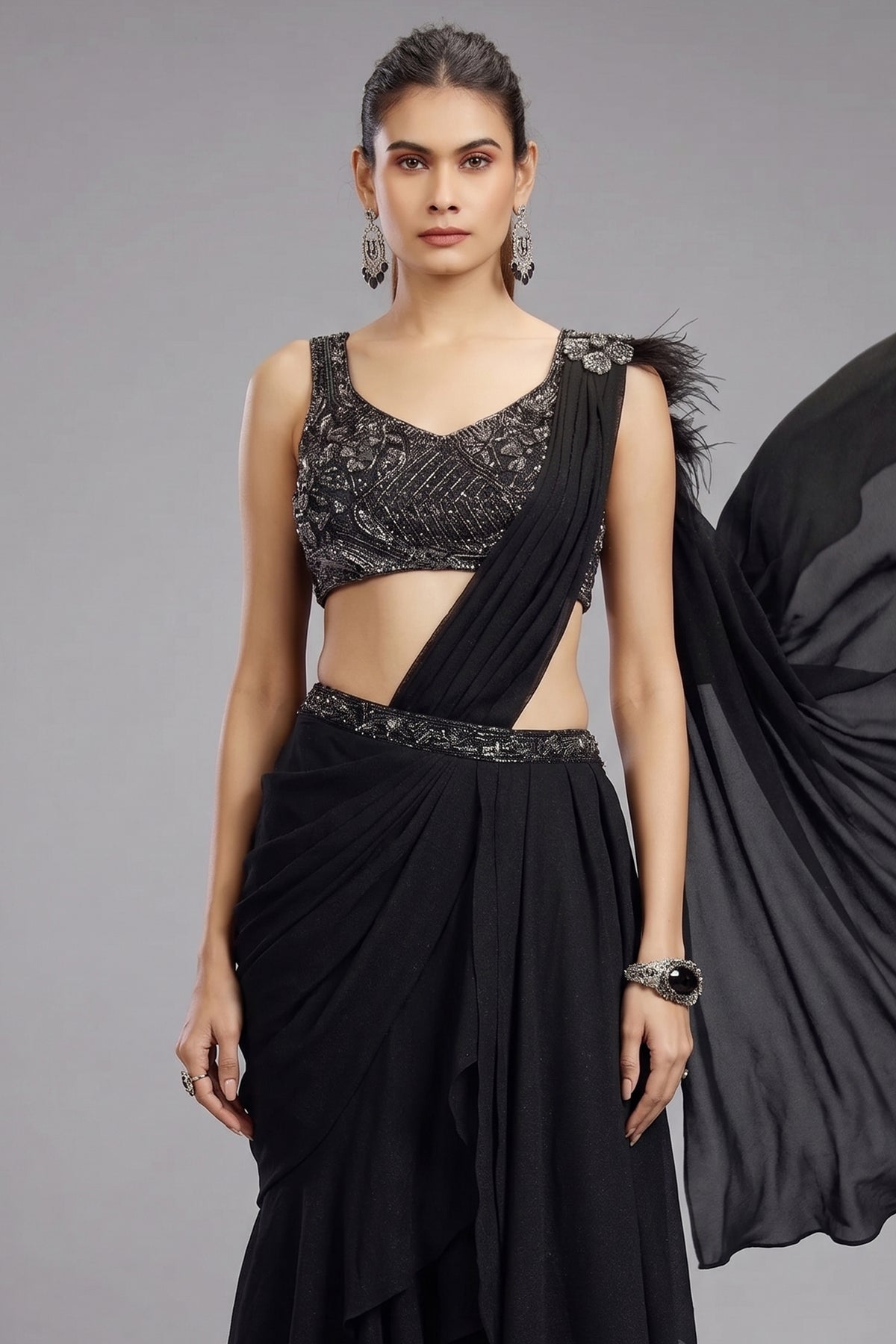 Black Georgette Shimmer Ready to Wear Saree - black georgette saree