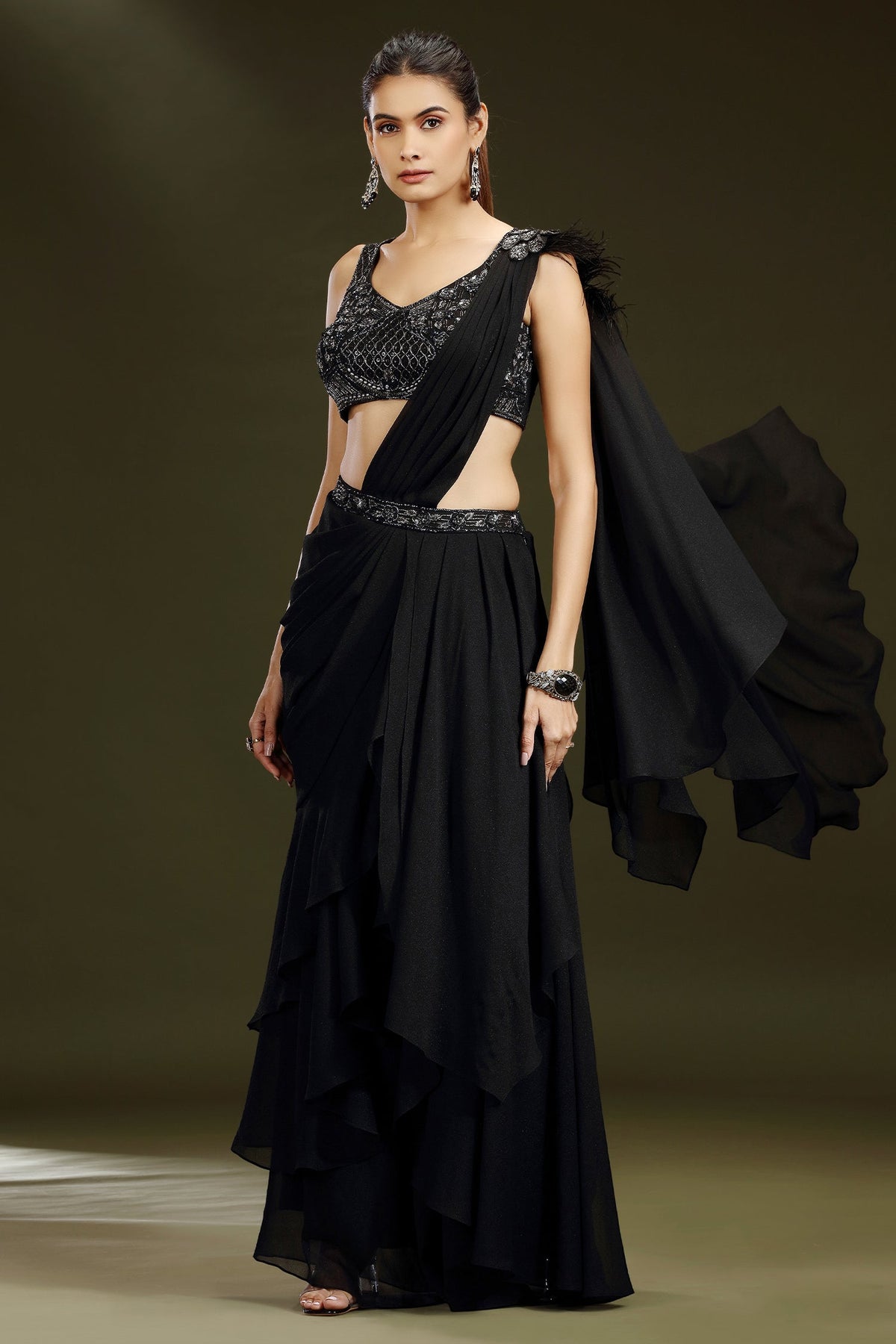 Black Georgette Shimmer Ready to Wear Saree - black georgette saree