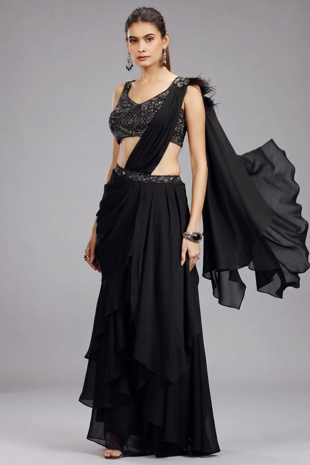 Black Georgette Shimmer Ready to Wear Saree - black georgette saree