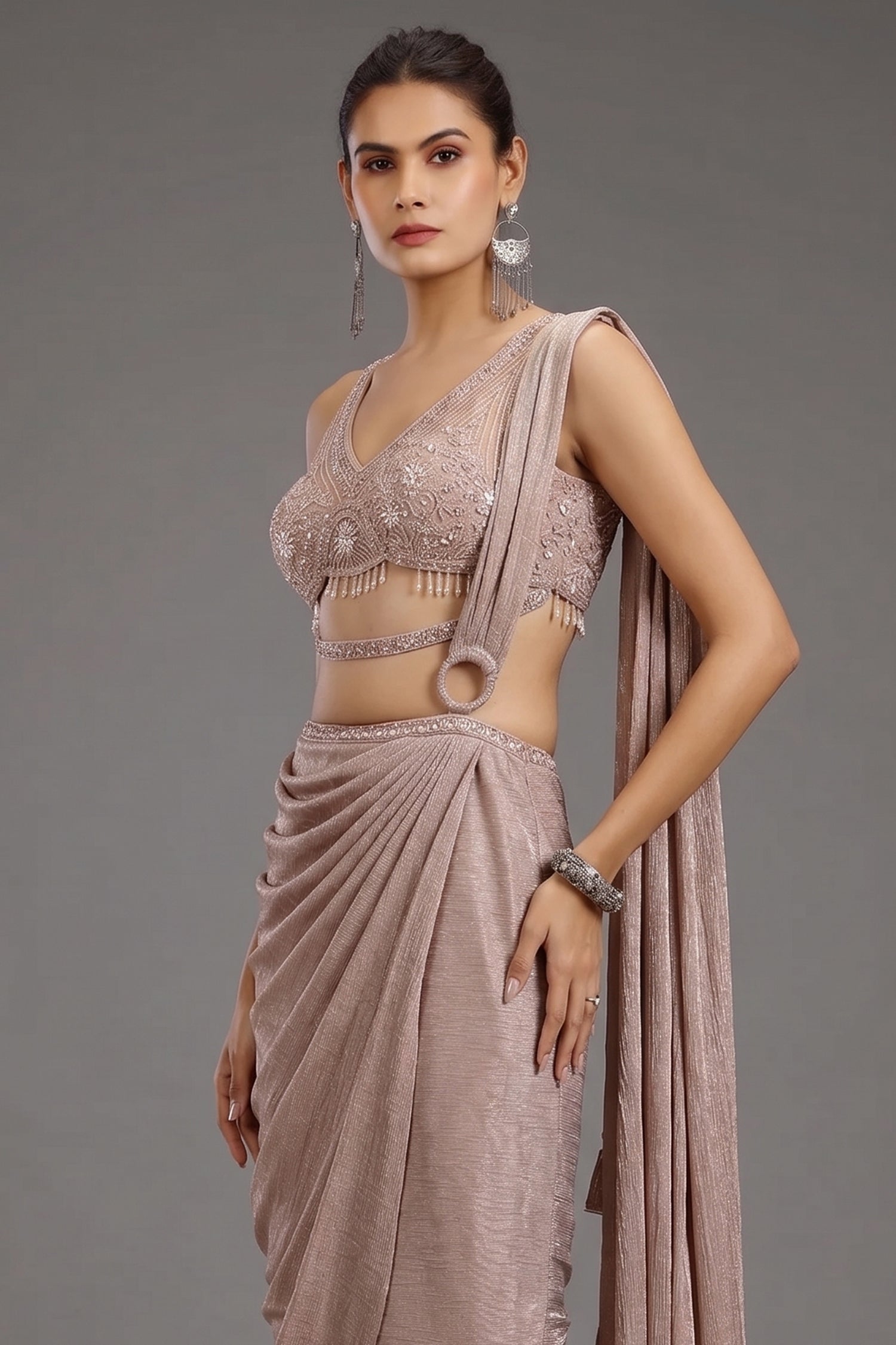 Pale Mauve Imported Pleated Readymade Lehenga Saree Secondary image
