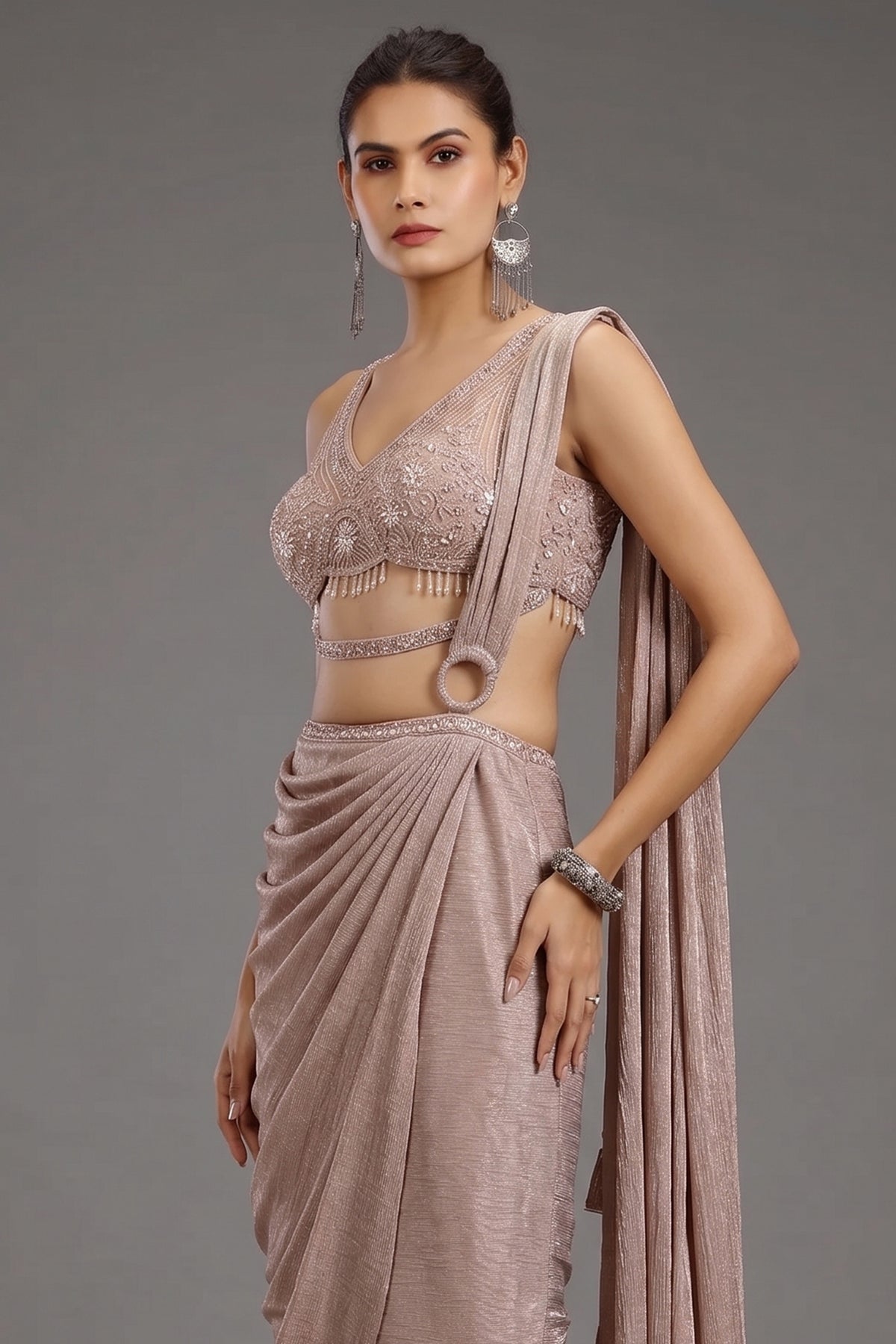 Pale Mauve Imported Pleated Readymade Lehenga Saree - saree