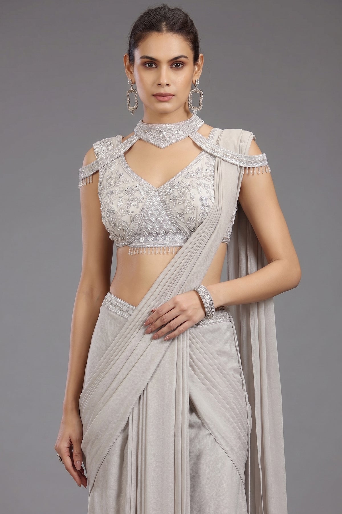 Grey Georgette Shimmer Pleated Saree with Embellished Blouse - grey georgette saree