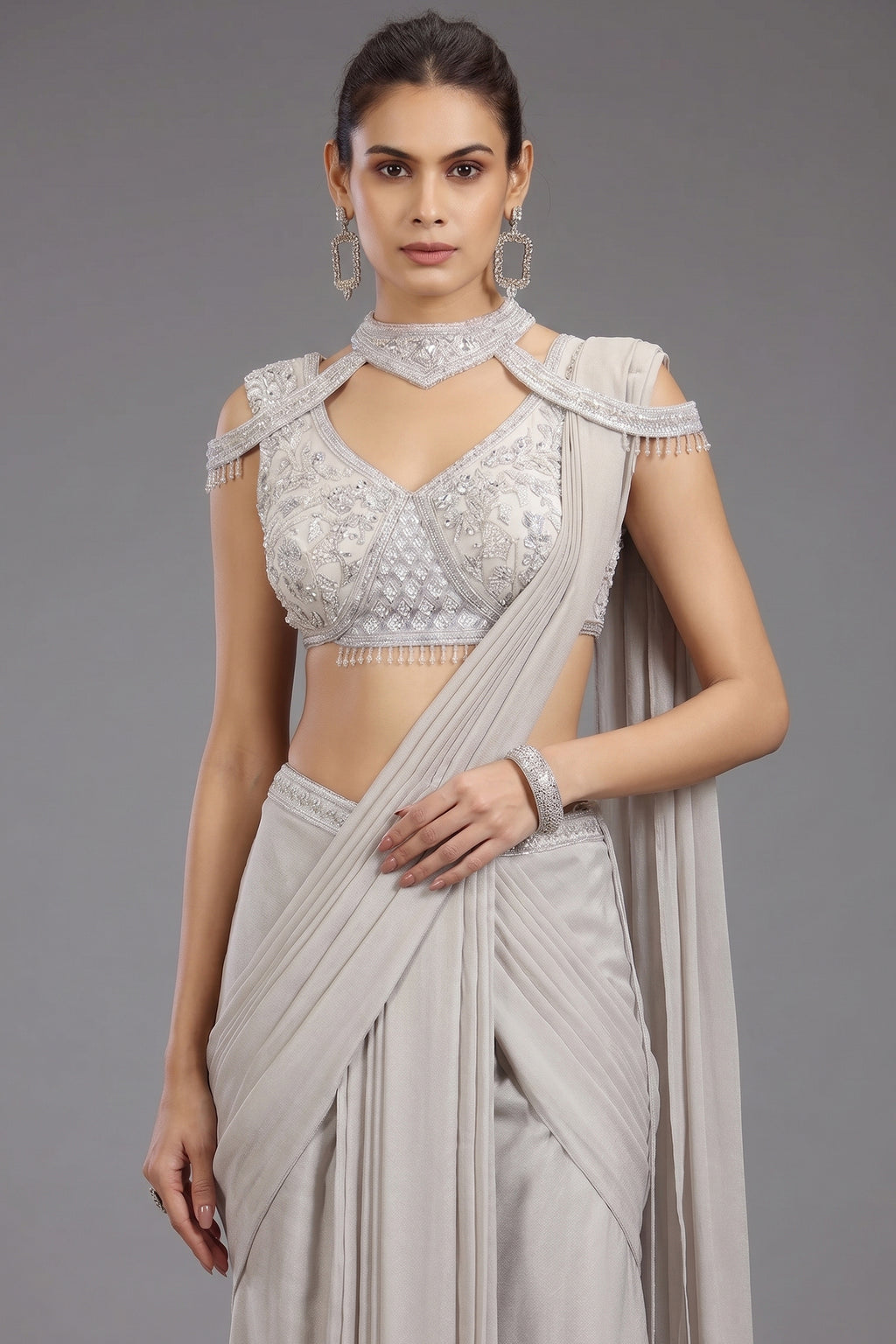 Grey Georgette Shimmer Pleated Saree with Embellished Blouse - grey georgette saree