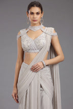 Grey Georgette Shimmer Pleated Saree with Embellished Blouse - grey georgette saree