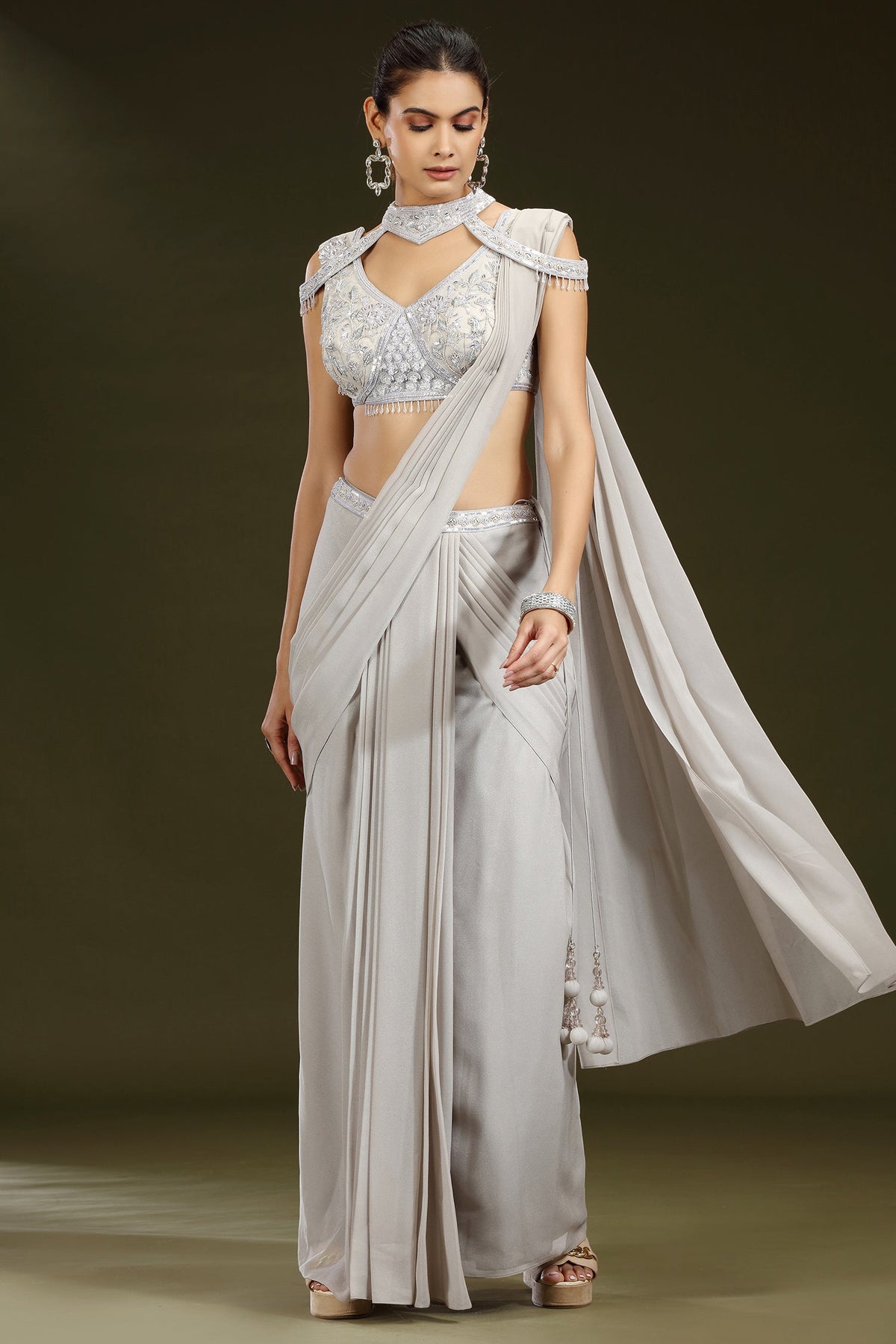 Grey Georgette Shimmer Pleated Saree with Embellished Blouse - grey georgette saree