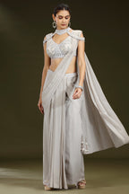 Grey Georgette Shimmer Pleated Saree with Embellished Blouse - grey georgette saree