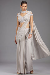 Grey Georgette Shimmer Pleated Saree with Embellished Blouse - grey georgette saree