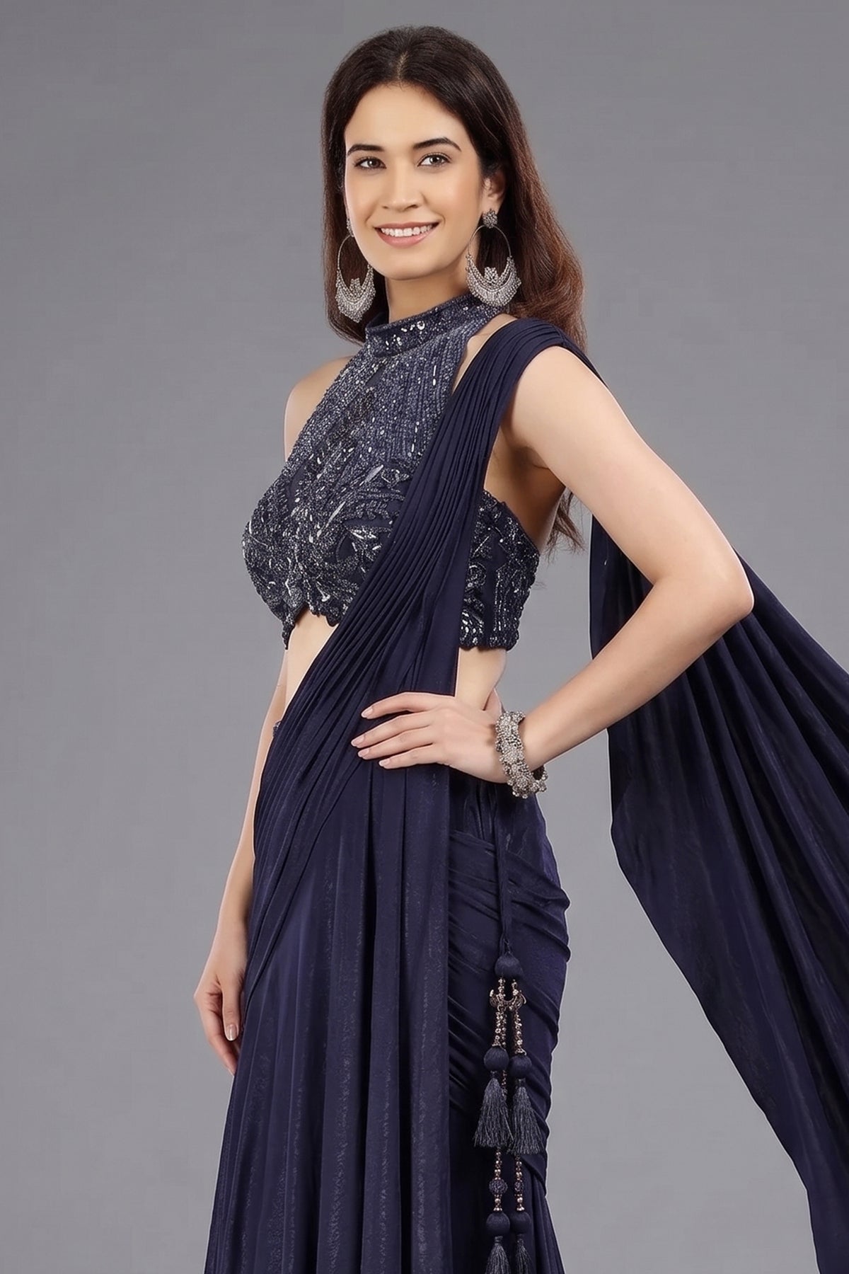 Blue Crepe Silk Readymade Saree with Embellished Heltar Neck Blouse - blue silk saree