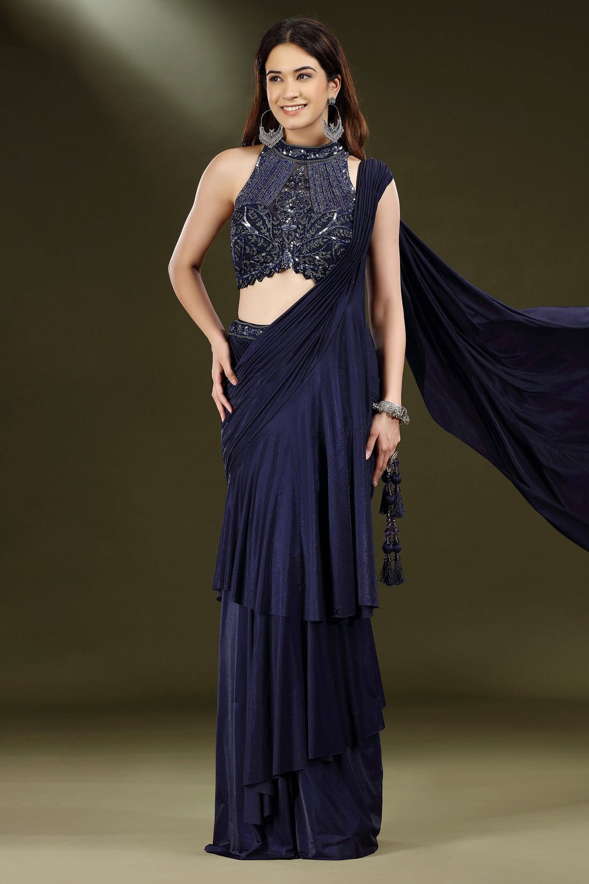 Blue Crepe Silk Readymade Saree with Embellished Heltar Neck Blouse - blue silk saree