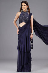 Blue Crepe Silk Readymade Saree with Embellished Heltar Neck Blouse - blue silk saree