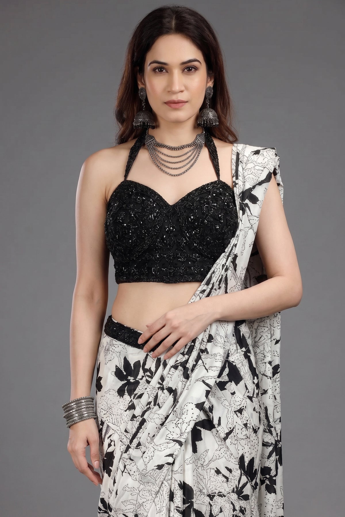 Pearl White Crepe Silk Printed Readymade Saree with Embellished Blouse - white silk saree