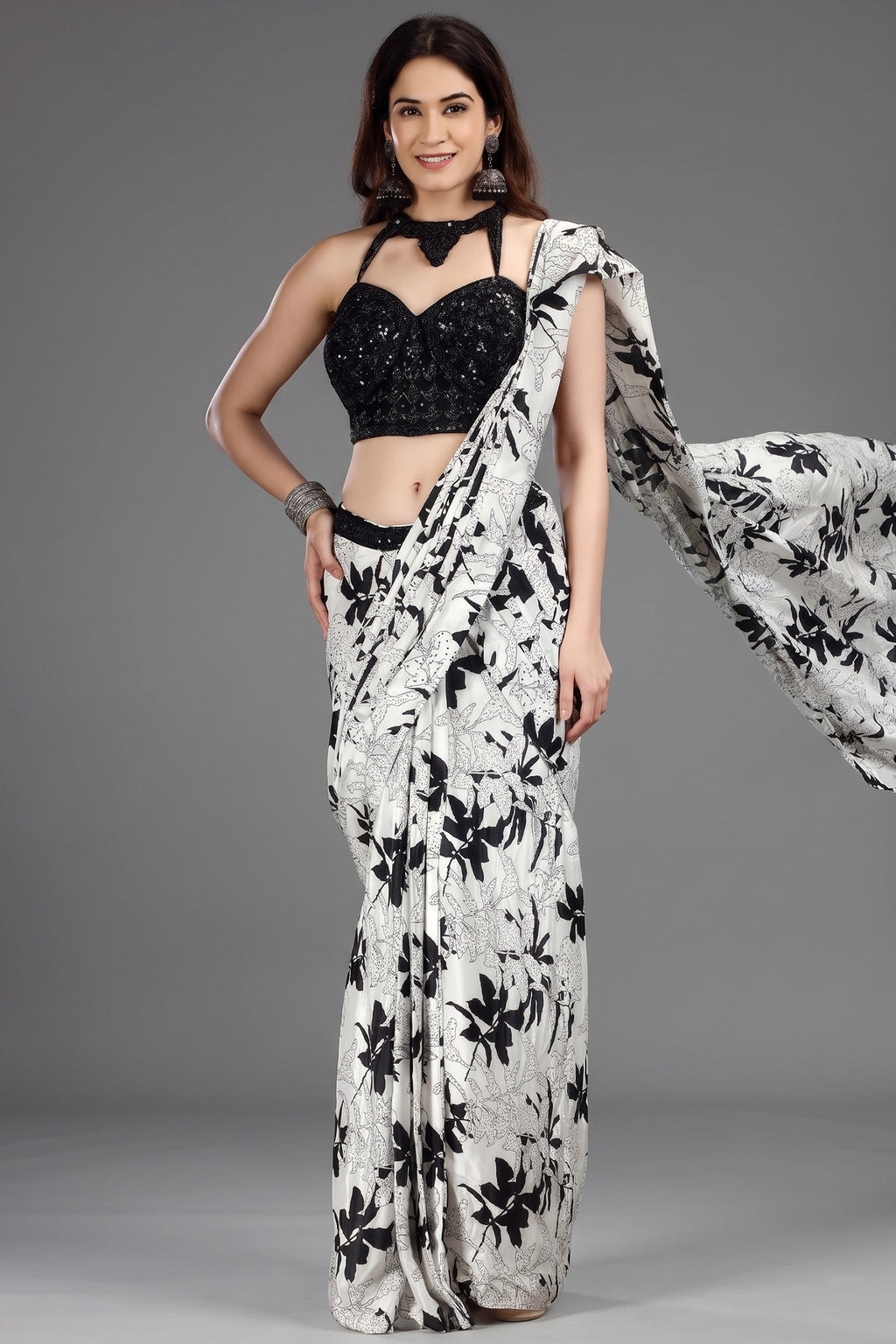 Pearl White Crepe Silk Printed Readymade Saree with Embellished Blouse - white silk saree