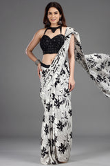 Pearl White Crepe Silk Printed Readymade Saree with Embellished Blouse - white silk saree