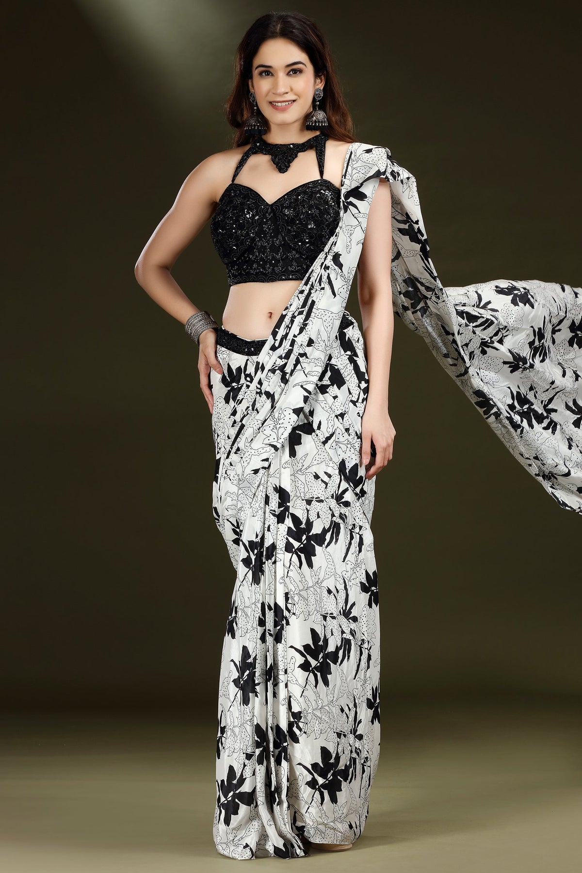 Pearl White Crepe Silk Printed Readymade Saree with Embellished Blouse - white silk saree