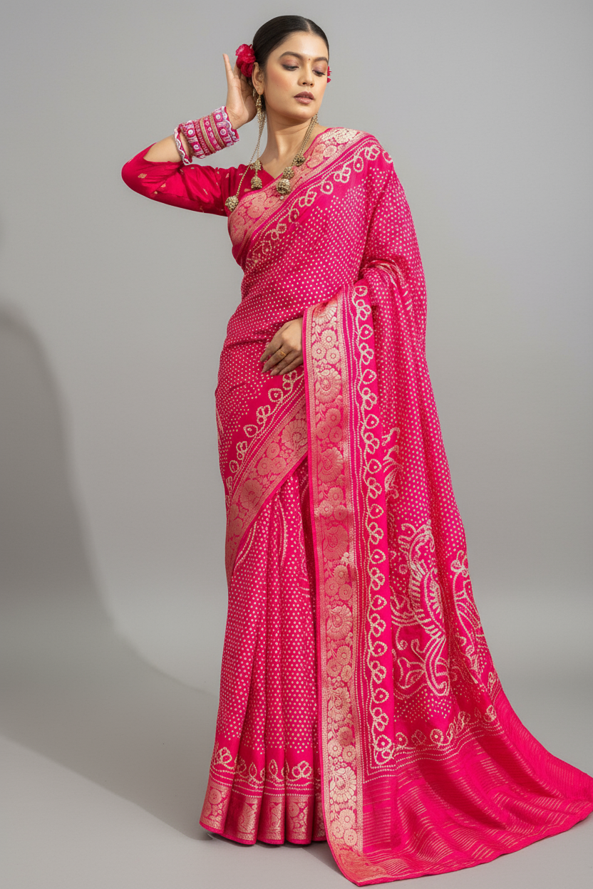 Rani Pink Art Silk Bandhej Printed Saree