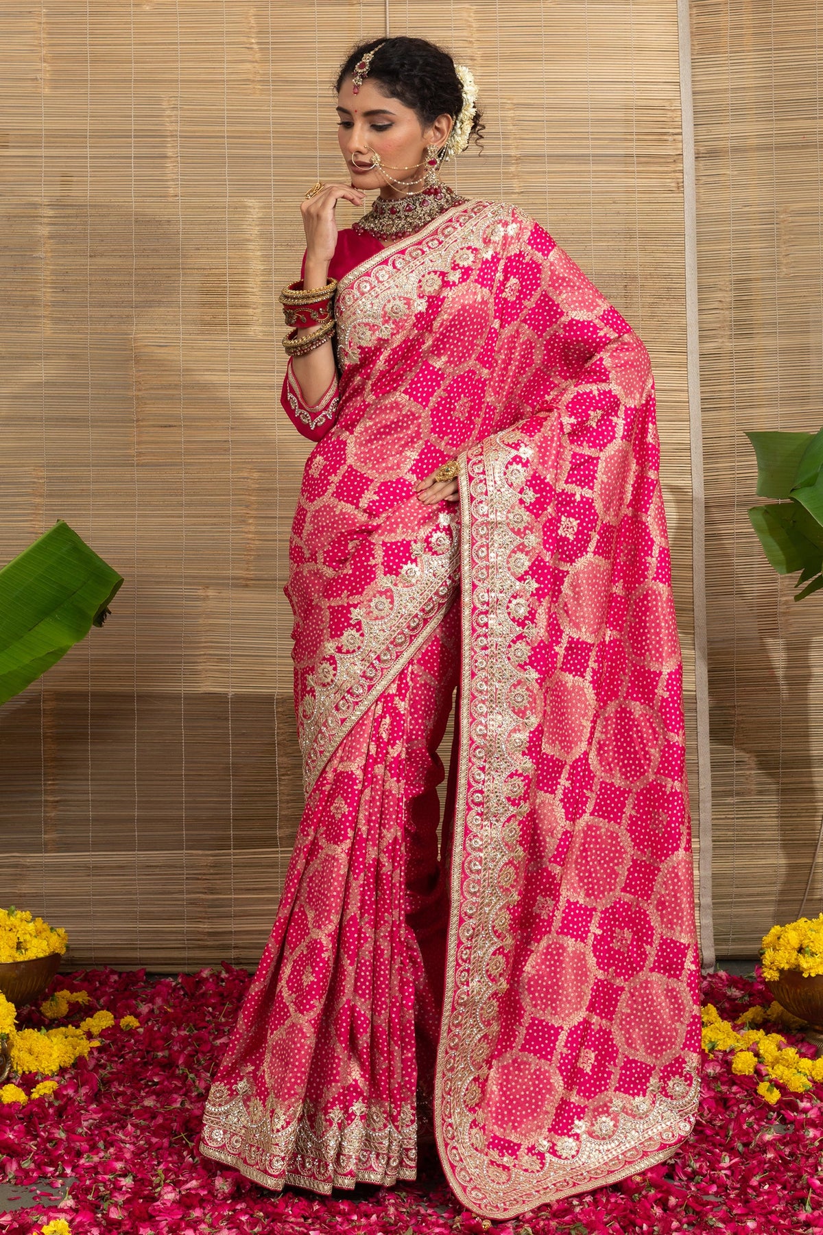 Pink Art Silk Bandhej Woven Saree