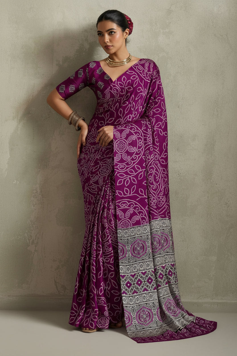 Purple Art Silk Bandhej Print Saree
