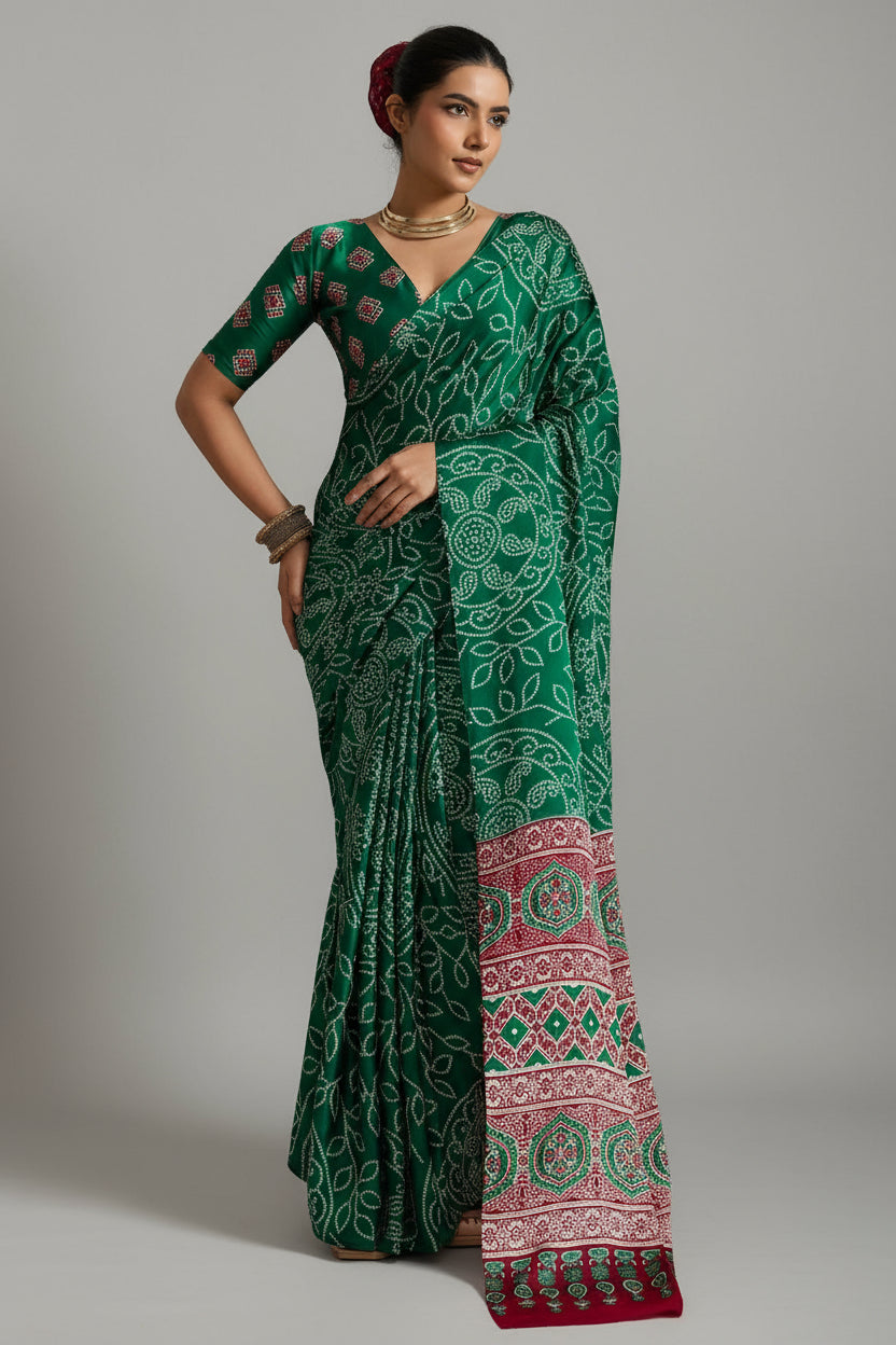 Green Art Silk Bandhej Print Saree