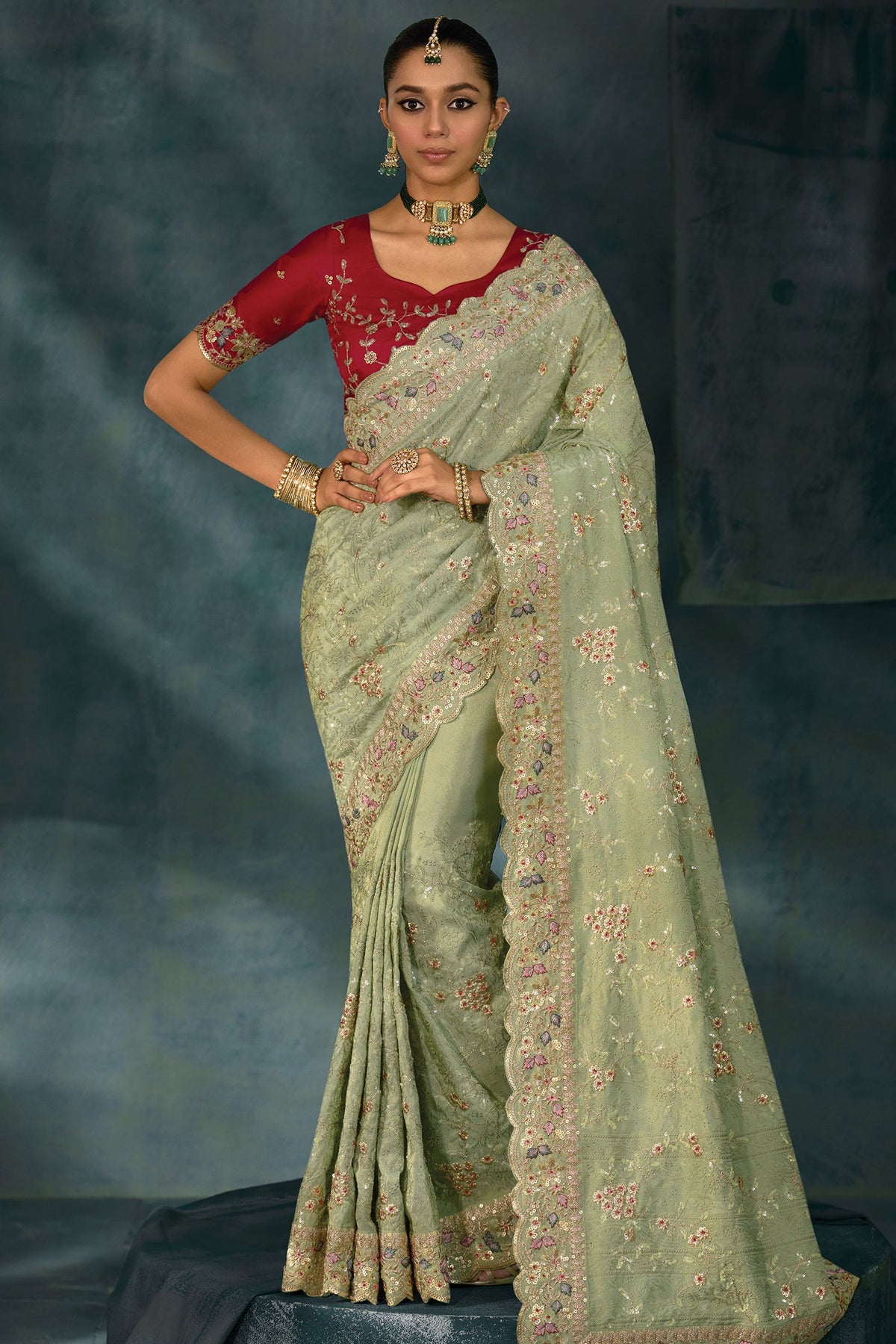 Light Green Silk All Over Embroidered Saree