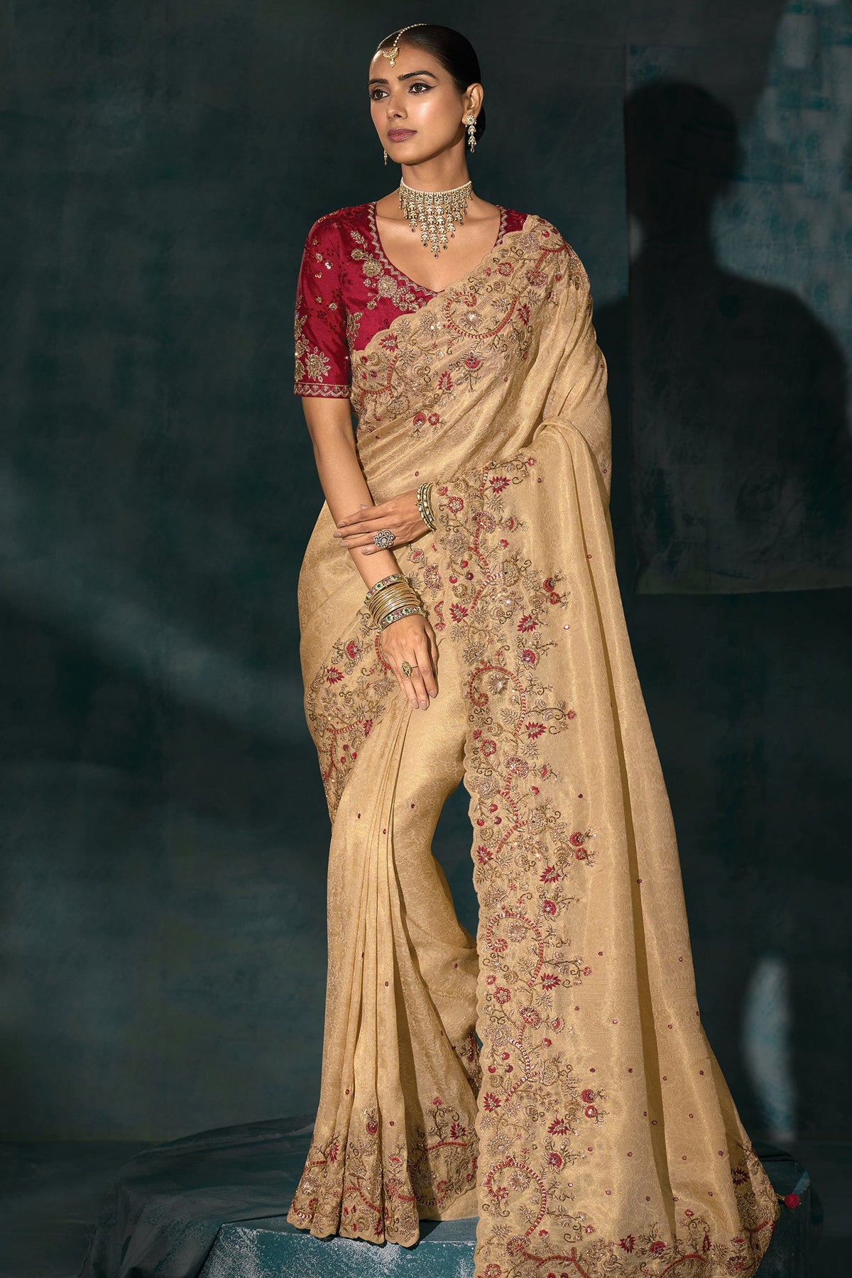 Beige Silk All Over Embroidered Saree