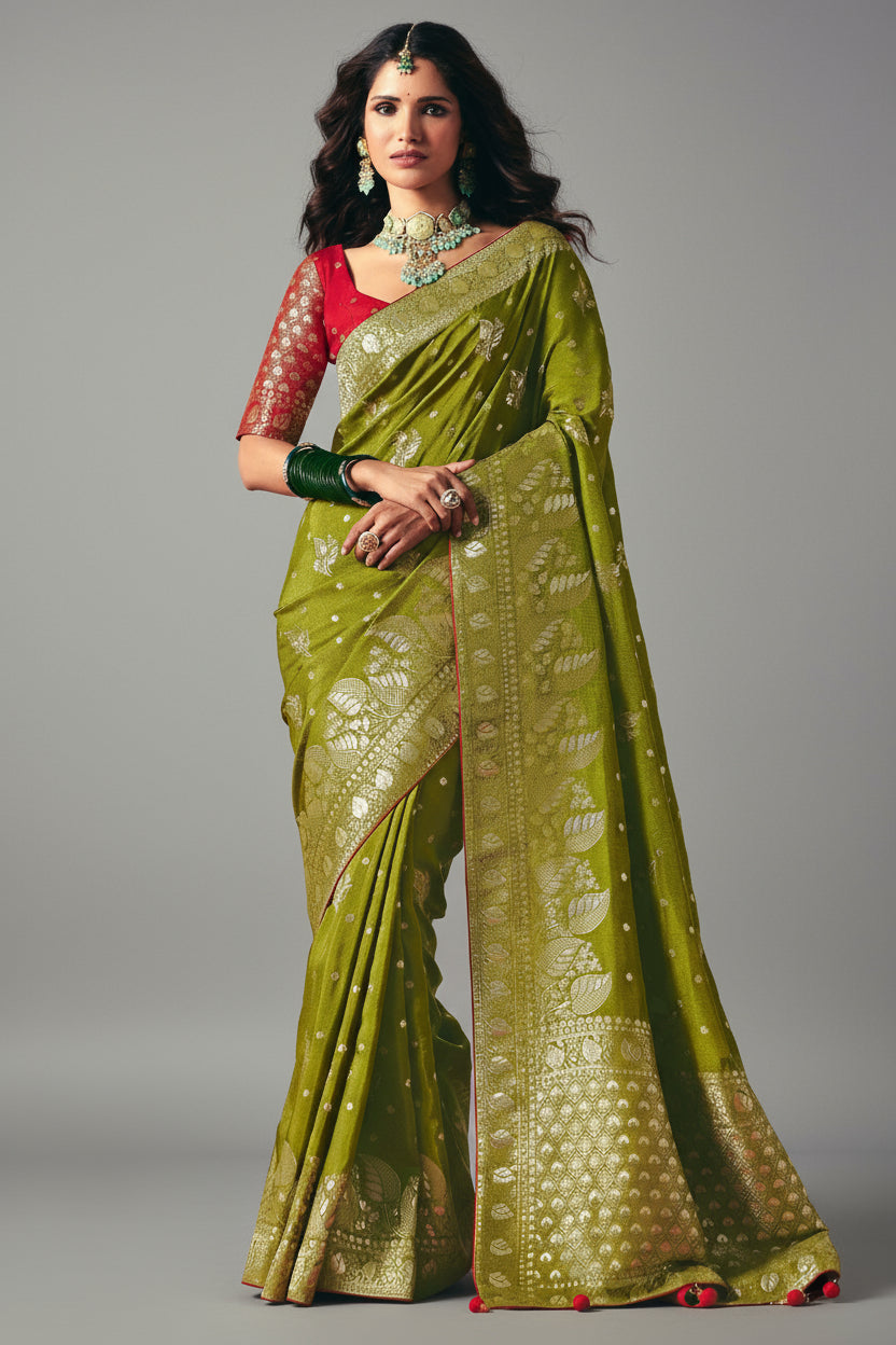 Olive Green Bemberg Viscose Woven Saree