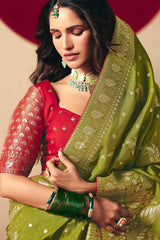 Olive Green Bemberg Viscose Woven Saree