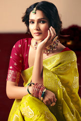 Yellow Bemberg Viscose Woven Saree