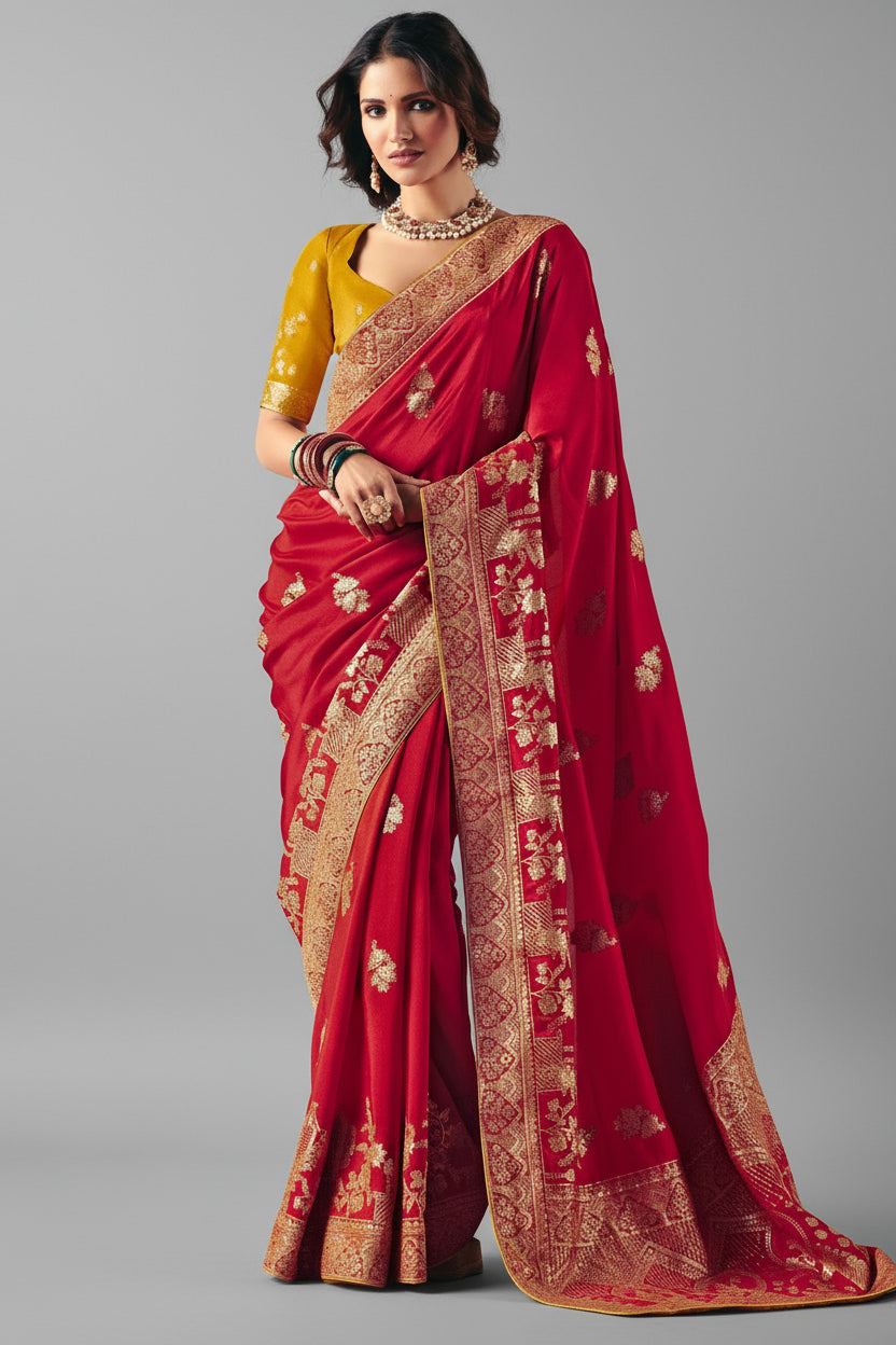 Red Bemberg Viscose Woven Saree